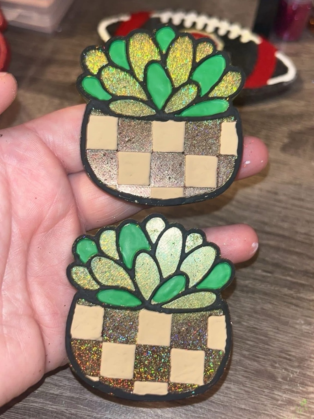 Handmade Checkered Succulent Car Vent Clips - Green & Glitter